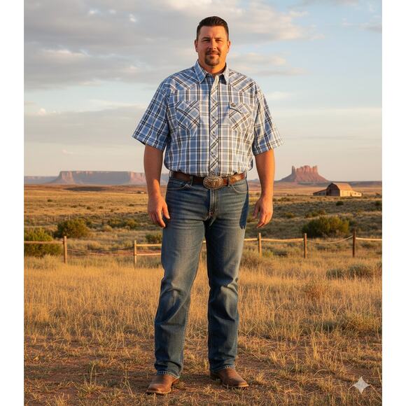 Wrangler Men's XXL Blue/ White Plaid Western Cowboy Pearl Snap Front Shirt - Picture 1 of 7